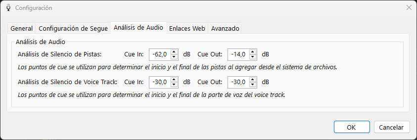 PlayIt VoiceTrack Configuración - pestaña Análisis de Audio