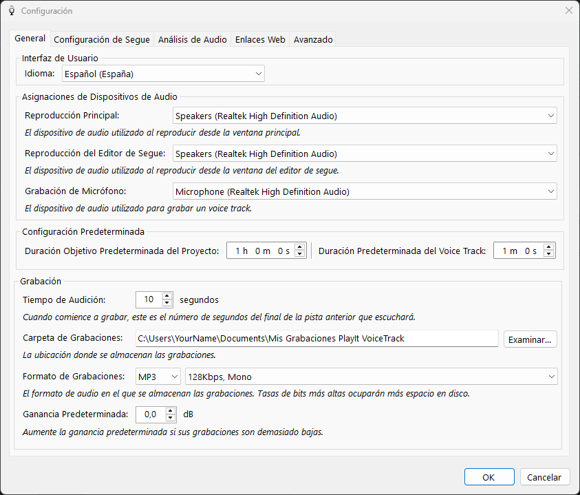 Configuración de PlayIt VoiceTrack - pestaña General
