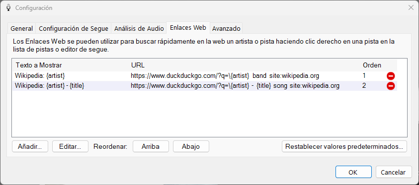 Configuración de PlayIt VoiceTrack - pestaña de Enlaces Web
