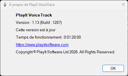 Fenêtre À propos de PlayIt VoiceTrack