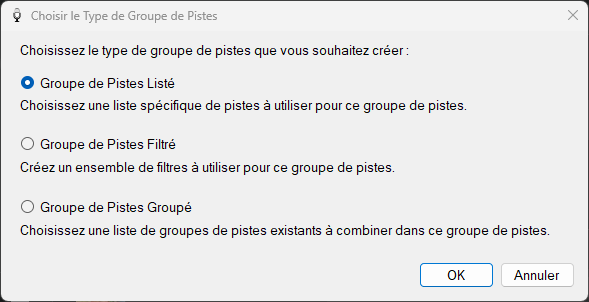 Fenêtre Choisir le Type de Groupe de Pistes de PlayIt VoiceTrack
