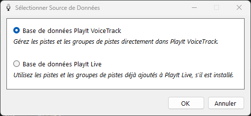 Fenêtre Sélectionner Source de Données de PlayIt VoiceTrack