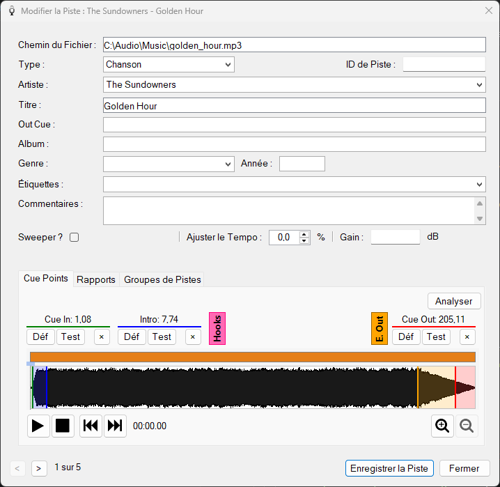 Fenêtre Modifier la Piste de PlayIt VoiceTrack