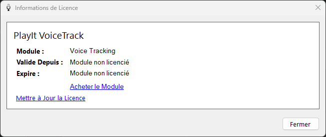 Fenêtre Informations de Licence