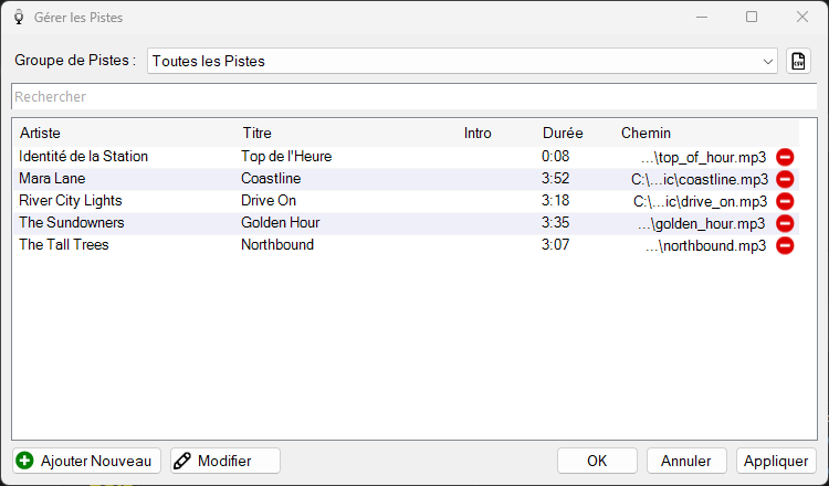 Fenêtre Gérer les Pistes de PlayIt VoiceTrack
