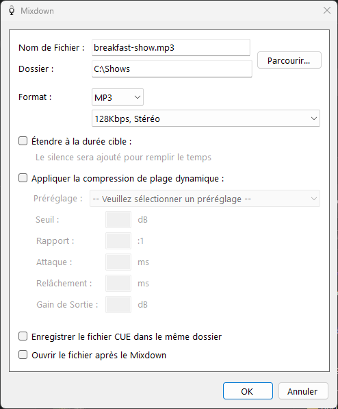 Fenêtre Mixdown Audio