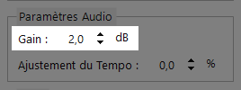 Paramètre Gain mis en évidence dans le panneau Paramètres Audio