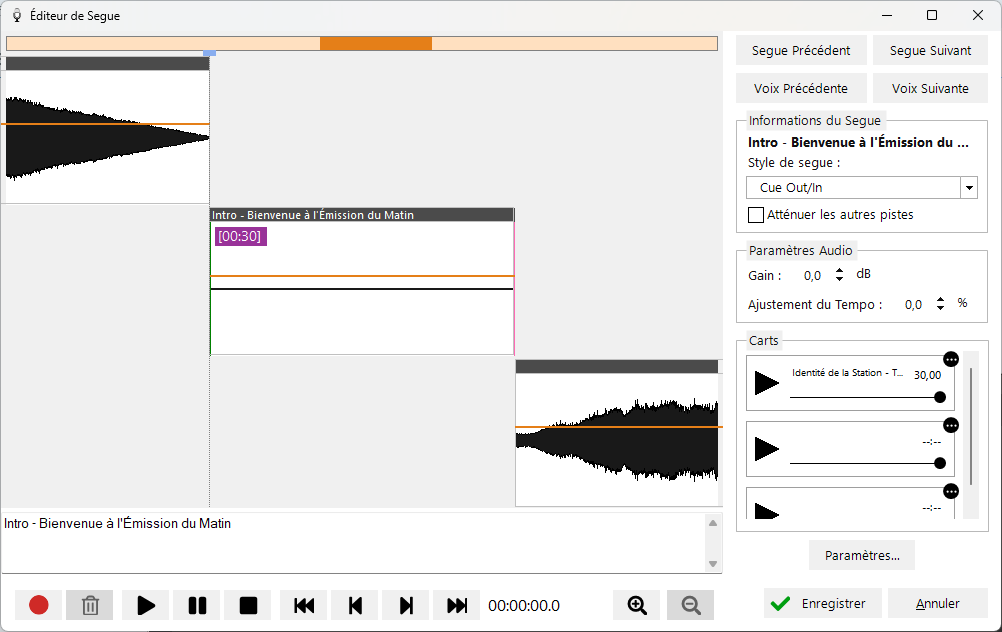Éditeur de Segue ouvert sur un voice track vide prêt à l'enregistrement
