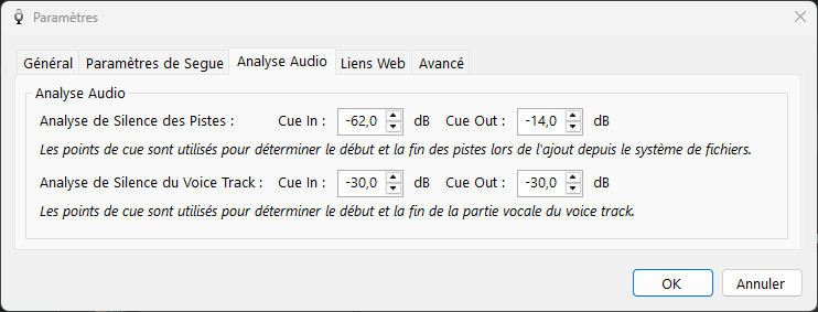 PlayIt VoiceTrack Paramètres - onglet Analyse Audio