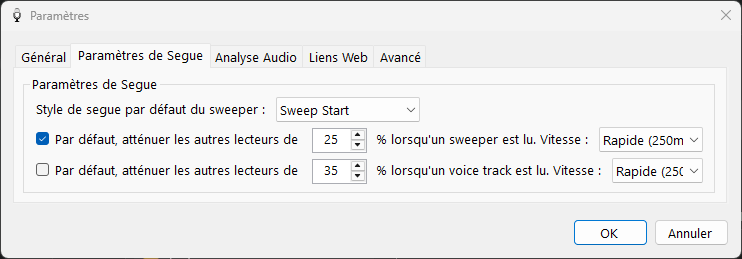 PlayIt VoiceTrack Paramètres - onglet Paramètres de Segue