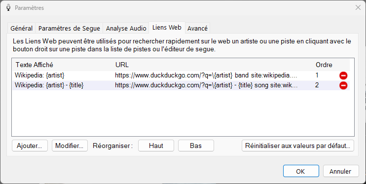 Paramètres PlayIt VoiceTrack - onglet Liens Web