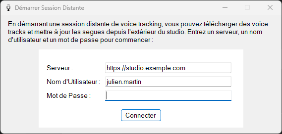 Fenêtre Start Remote Session