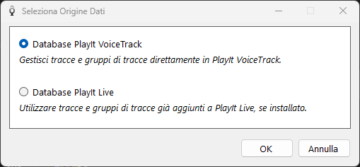 Finestra Seleziona Origine Dati di PlayIt VoiceTrack
