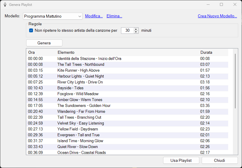 Finestra Genera Playlist con elementi generati