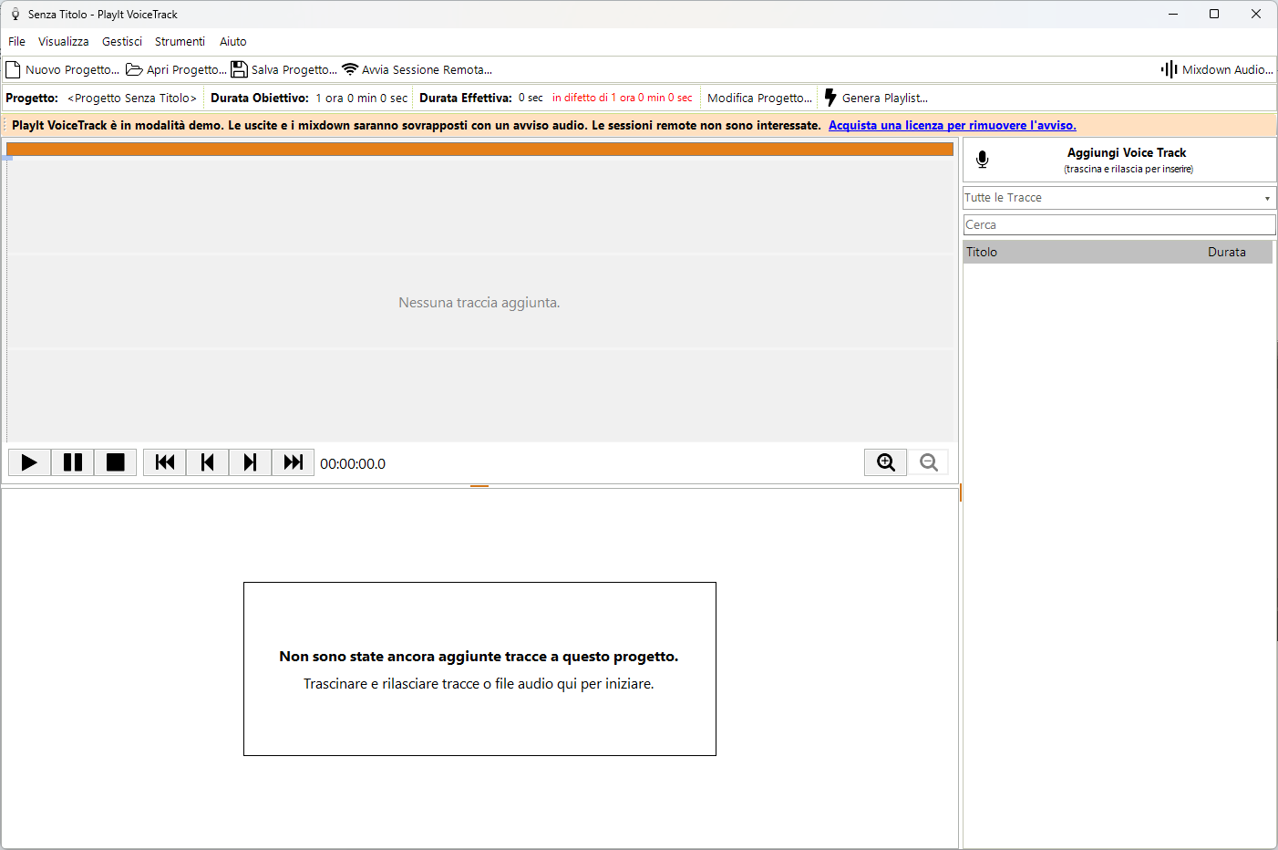 Finestra principale di PlayIt VoiceTrack al primo avvio in modalità demo