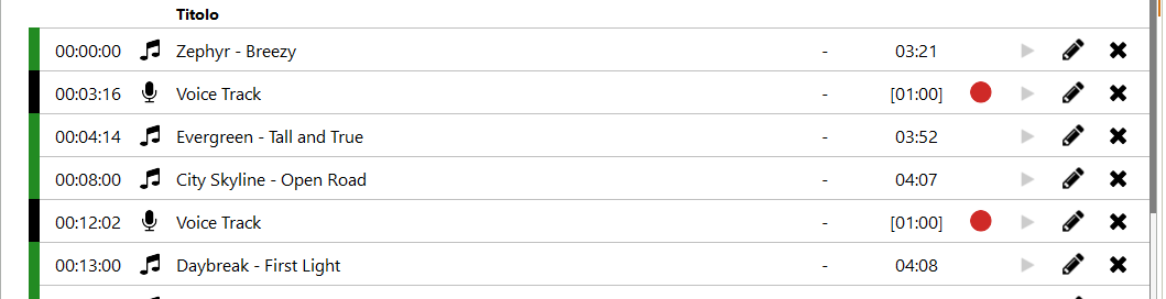 Playlist con segnaposto di voice track vuoti inseriti tra le canzoni