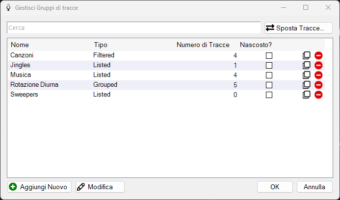 Finestra Gestisci Gruppi di tracce di PlayIt VoiceTrack