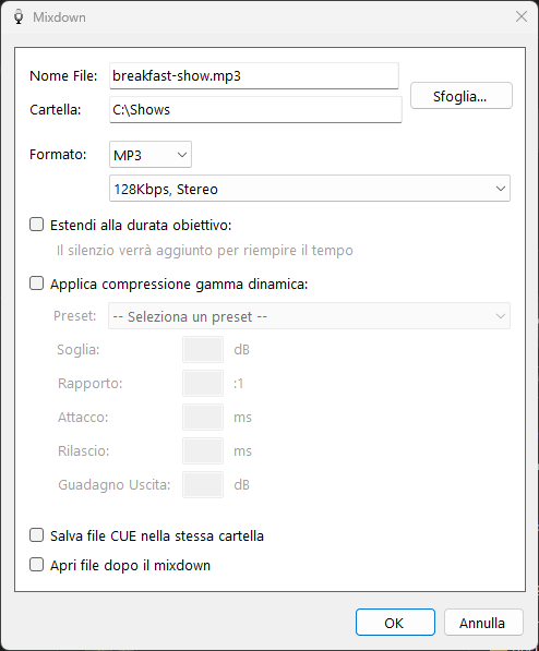 Finestra Mixdown Audio