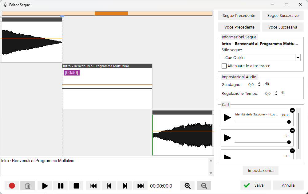 Editor Segue aperto su una voice track vuota pronta per la registrazione