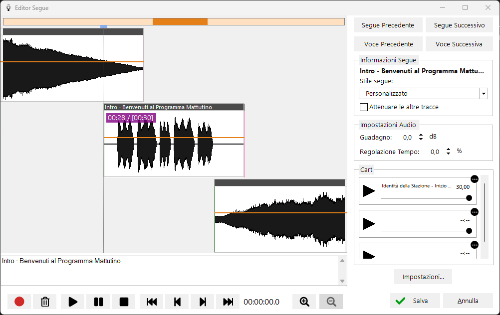 L'editor dei segues che registra un Voice Track remoto