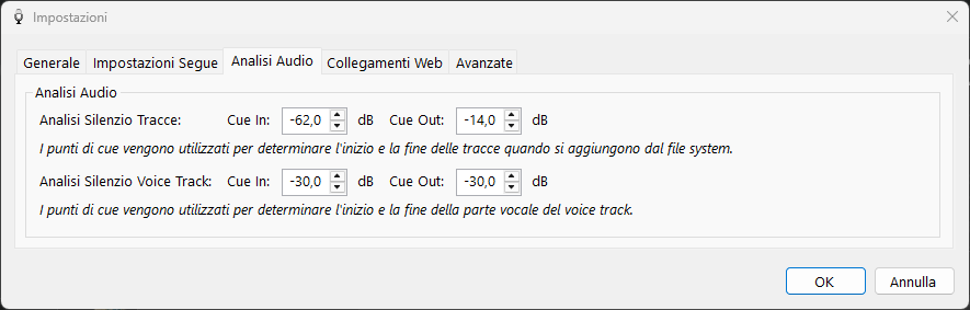 PlayIt VoiceTrack Impostazioni - scheda Analisi Audio