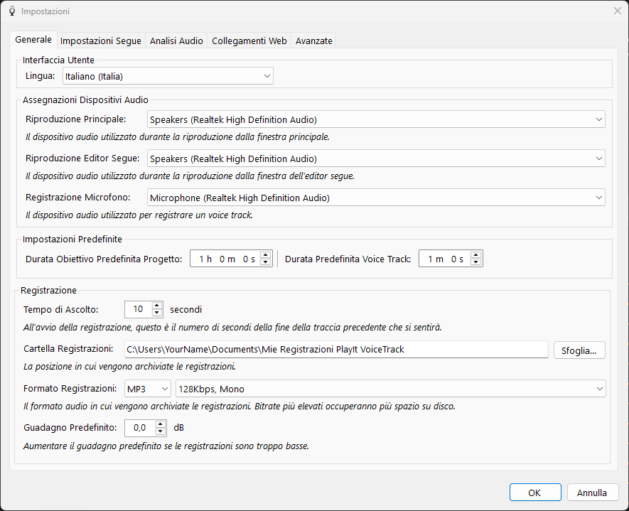 Impostazioni di PlayIt VoiceTrack - scheda Generale