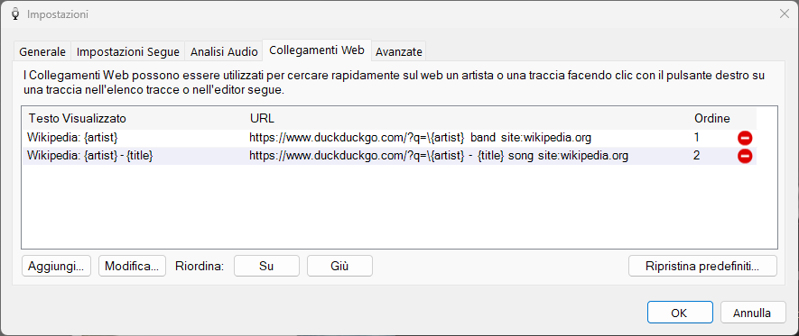 Impostazioni PlayIt VoiceTrack - scheda Collegamenti Web