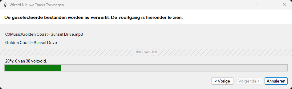 Voortgangspagina van de Wizard Nieuwe Tracks Toevoegen van PlayIt VoiceTrack
