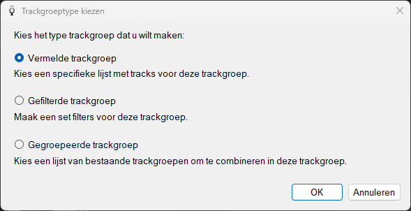 PlayIt VoiceTrack venster Trackgroeptype kiezen
