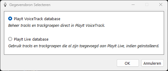 PlayIt VoiceTrack venster Gegevensbron Selecteren