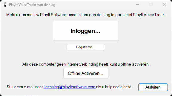 Het venster Aan de slag van PlayIt VoiceTrack