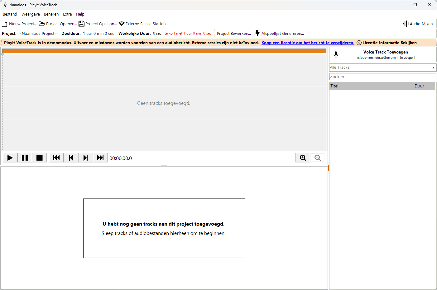 Hoofdvenster van PlayIt VoiceTrack bij de eerste start in demomodus