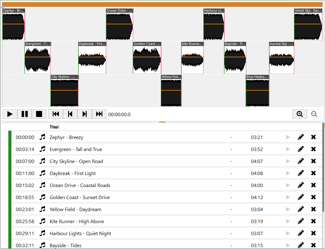 De Multi Track View en de playlist met muziek-tracks
