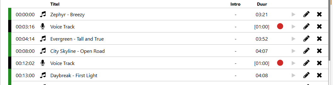 Playlist met lege voice track-plaatshouders ingevoegd tussen nummers