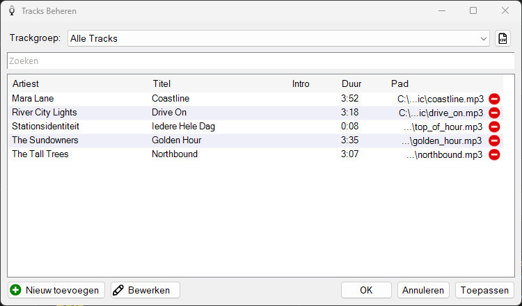 PlayIt VoiceTrack venster Tracks Beheren