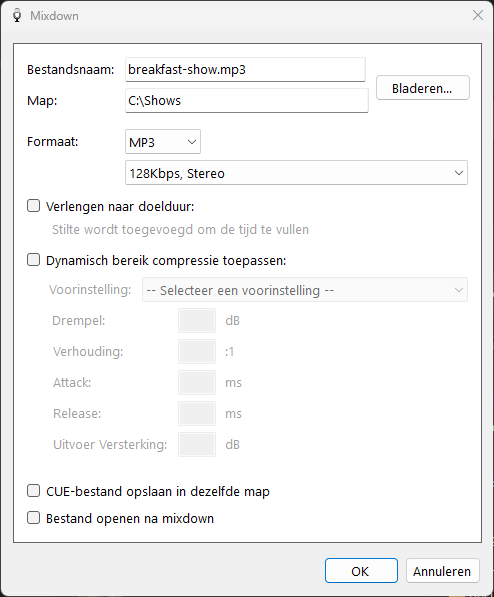 Dialoogvenster Audio Mixen