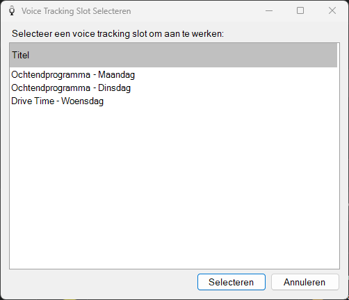 Venster Voice Tracking Slot Selecteren
