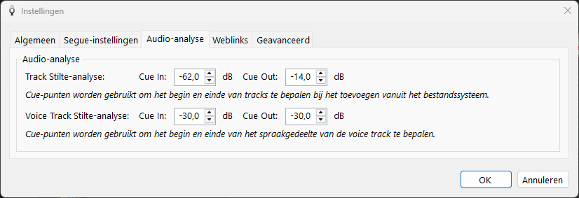 PlayIt VoiceTrack Instellingen - tabblad Audio-analyse