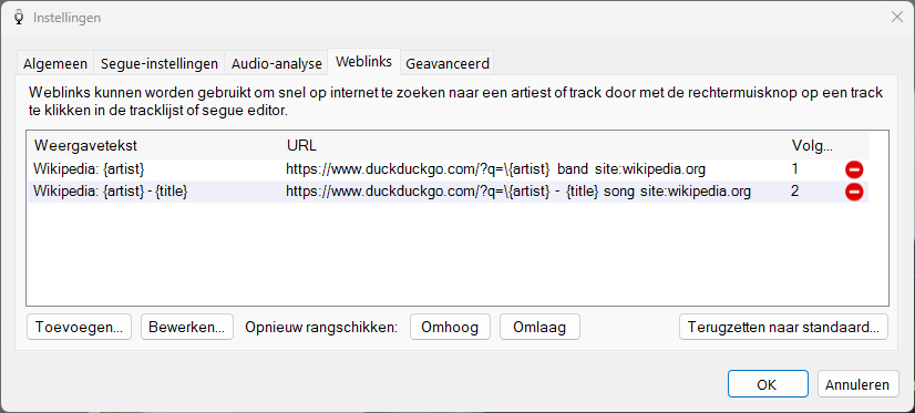 PlayIt VoiceTrack Instellingen - tabblad Weblinks