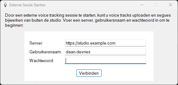 Venster Externe Sessie Starten