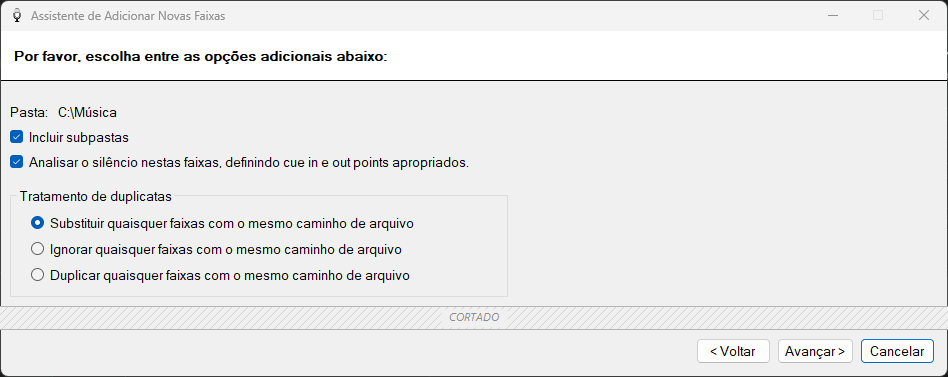 Página de opções adicionais do Assistente de Adicionar Novas Faixas do PlayIt VoiceTrack