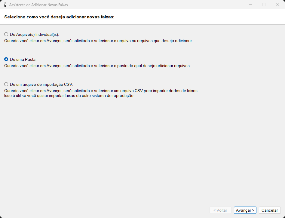 Página de seleção de fonte do Assistente de Adicionar Novas Faixas do PlayIt VoiceTrack