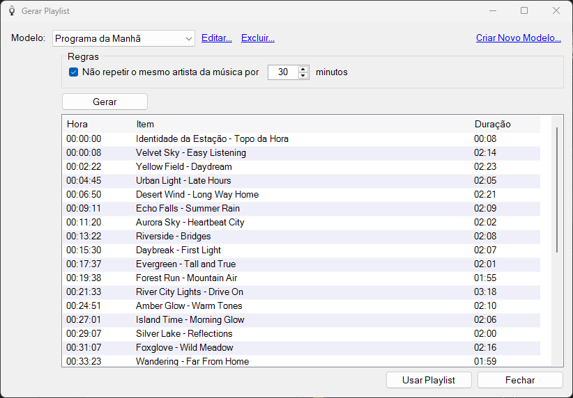 Janela Gerar Playlist com itens gerados