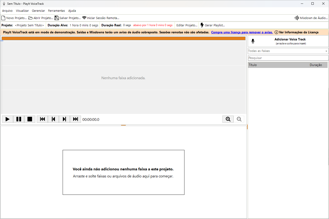 Janela principal do PlayIt VoiceTrack na primeira inicialização em modo demonstração