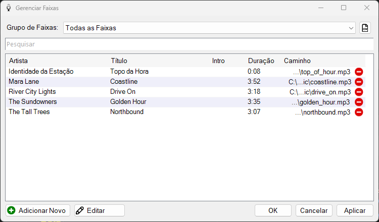 Janela Gerenciar Faixas do PlayIt VoiceTrack