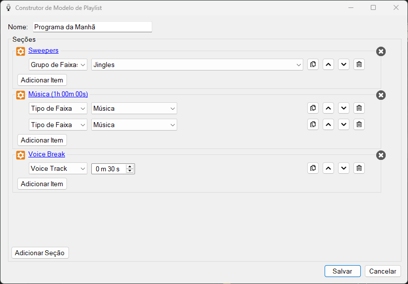 Janela do Construtor de Modelo de Playlist