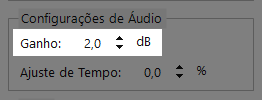 Configuração de Ganho destacada no painel de Configurações de Áudio