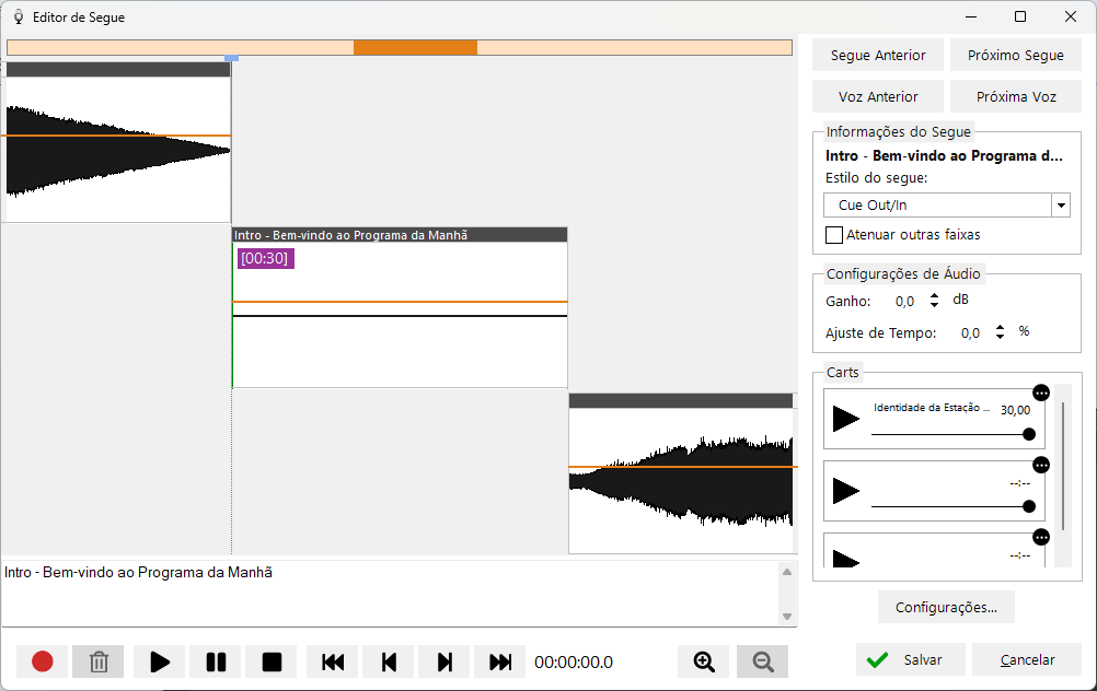 Editor de Segue aberto em uma voice track em branco pronto para gravar