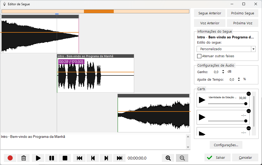 Gravação concluída com a forma de onda da voice track visível