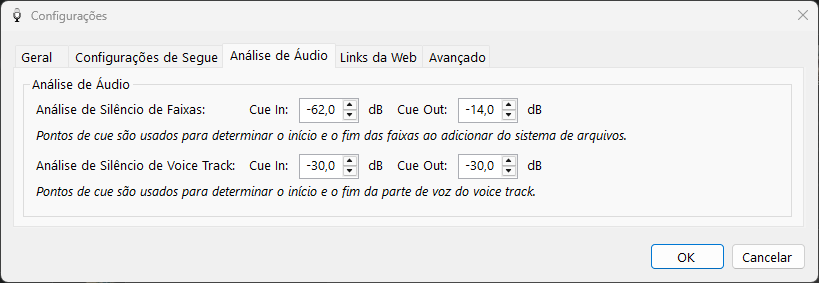 PlayIt VoiceTrack Configurações - aba Análise de Áudio